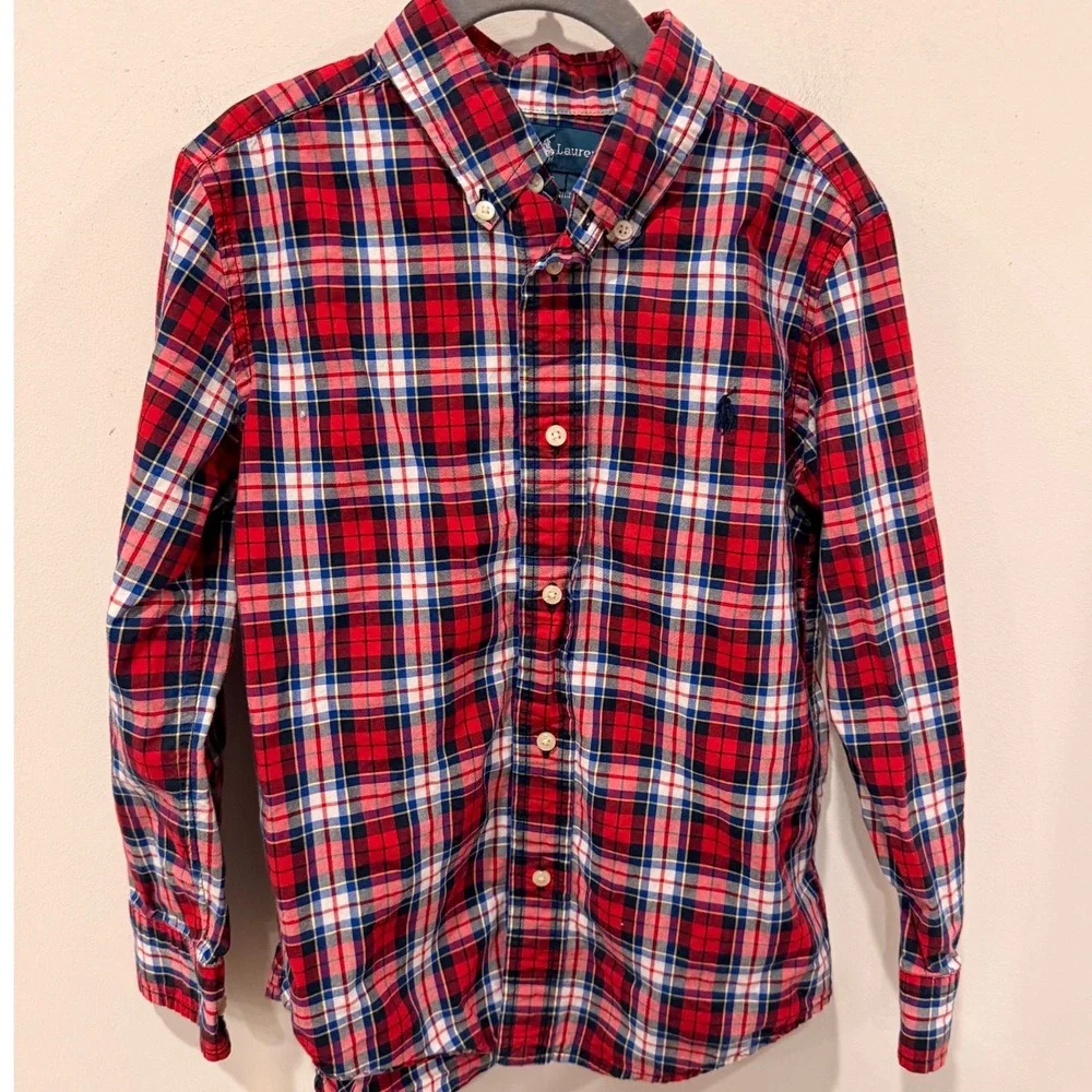 Ralph Lauren Kids Red Blue White Plaid Cotton Button Down Shirt Size 6